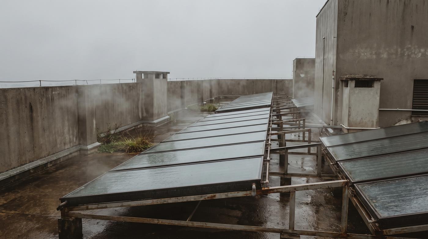 Bateria de coletores solares em cobertura no Sul do Brasil sob céu fechado de inverno, com neblina e superfícies molhadas