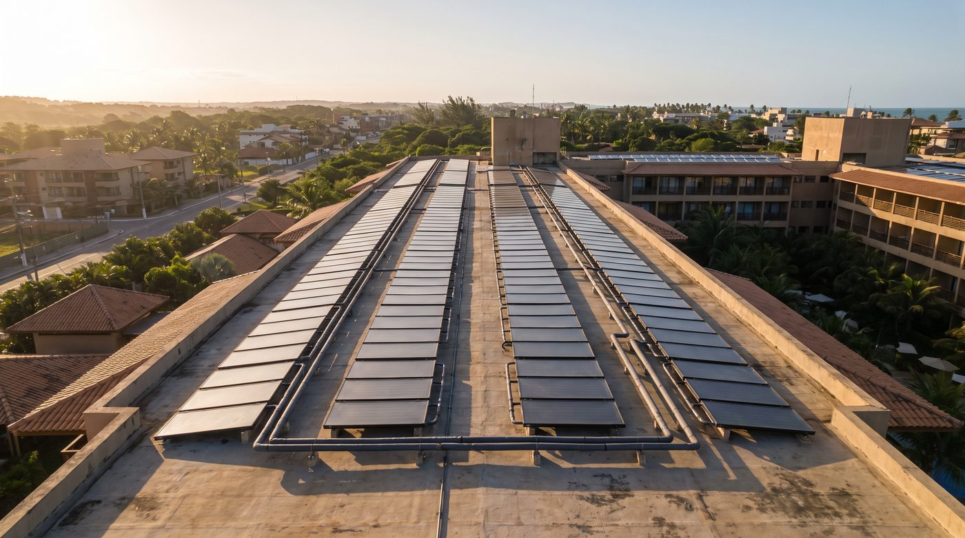 Banco de coletores solares térmicos na cobertura de um hotel