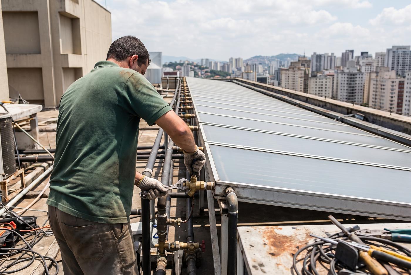 Técnico verificando conexão de manifold em bateria de coletores na cobertura de um edifício